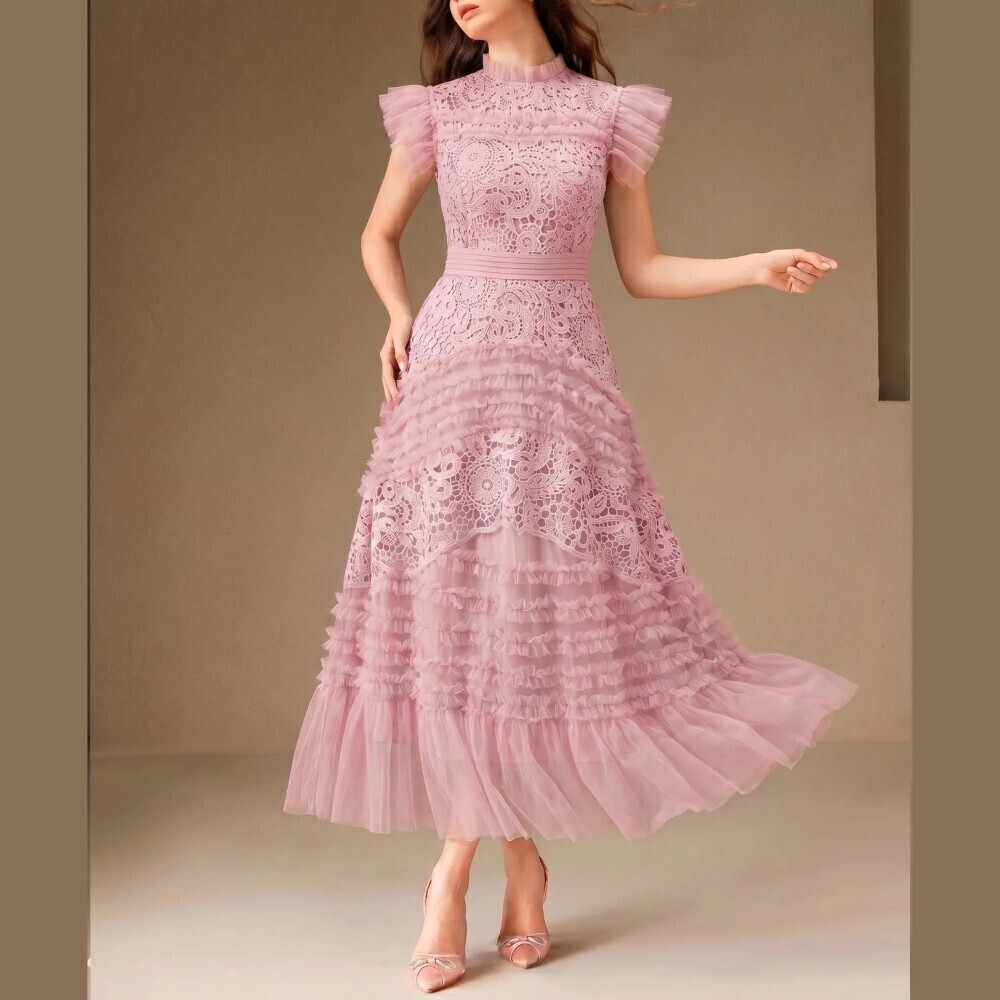 Pink Lace Ruffle Tulle Tiered Stand Collar Flutter Sleeve Midi Dress